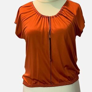 0141 Jungal Silk Short Sleeve Burnt Orange Blouse Size M New